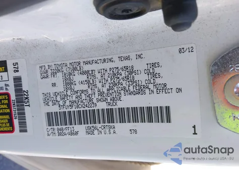 2012 Toyota Tundra Grade 5.7L V8 from USA, damaged, VIN 5TFUY5F10CX242239